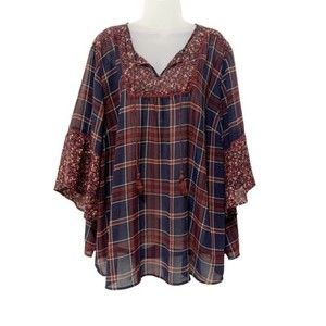 Catherines Top Womens Red Blue Plaid Floral Sheer 3/4 Bell Sleeve 3XP (26/28P)